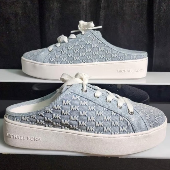 Michael Kors Poppy Slip-On Slide Sneaker MK Debossed Washed Denim Blue Nib 175 - Picture 1 of 6
